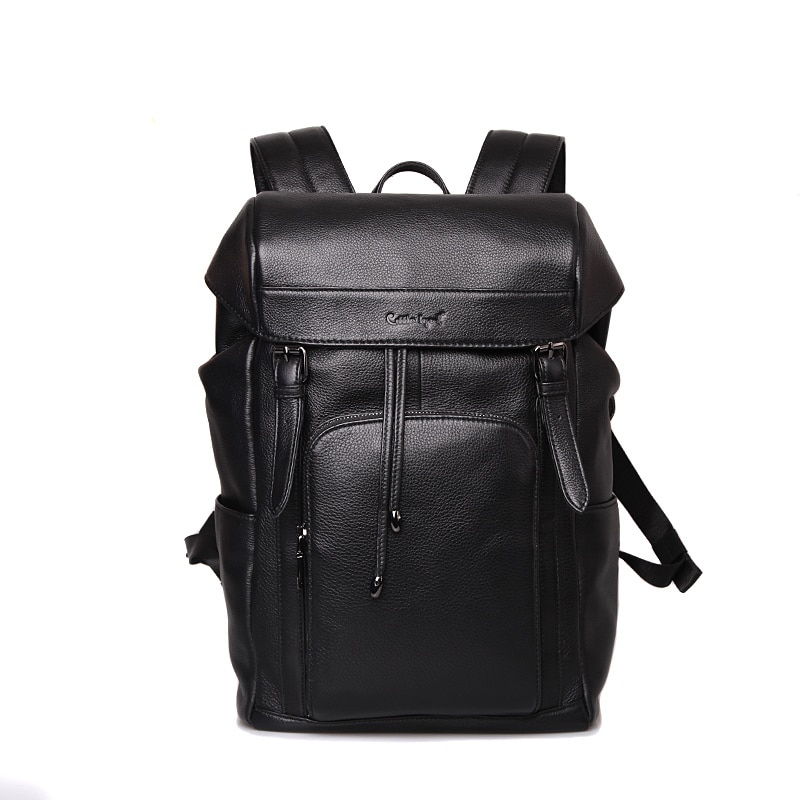 Casual Solid Black Men's Genuine Leather Backpack