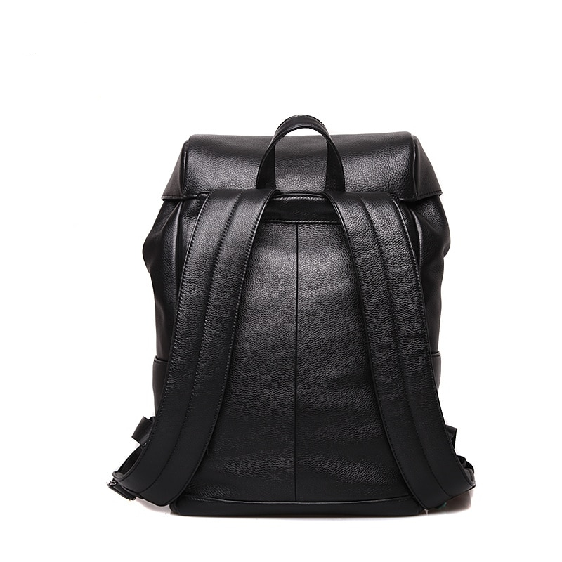 Casual Solid Black Men's Genuine Leather Backpack