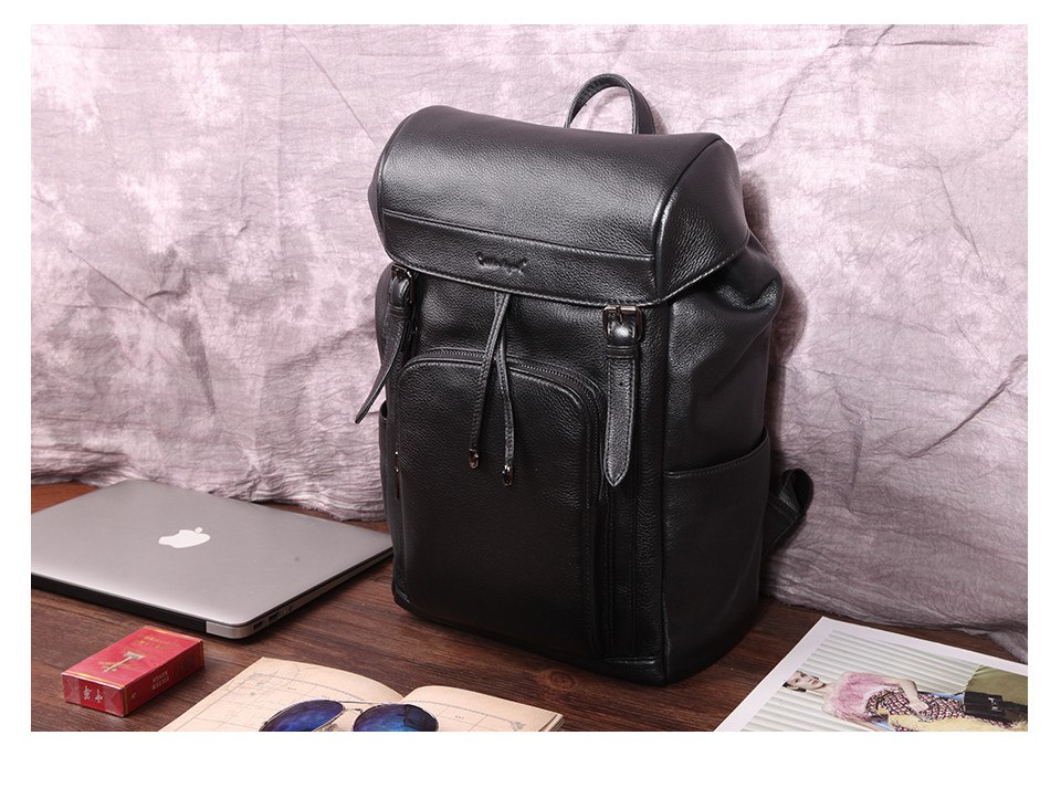 Casual Solid Black Men's Genuine Leather Backpack