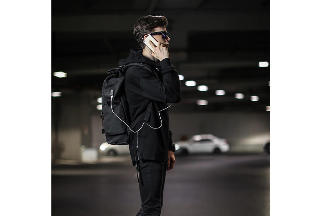 Men's Reflective Detail Roll Top USB Backpack