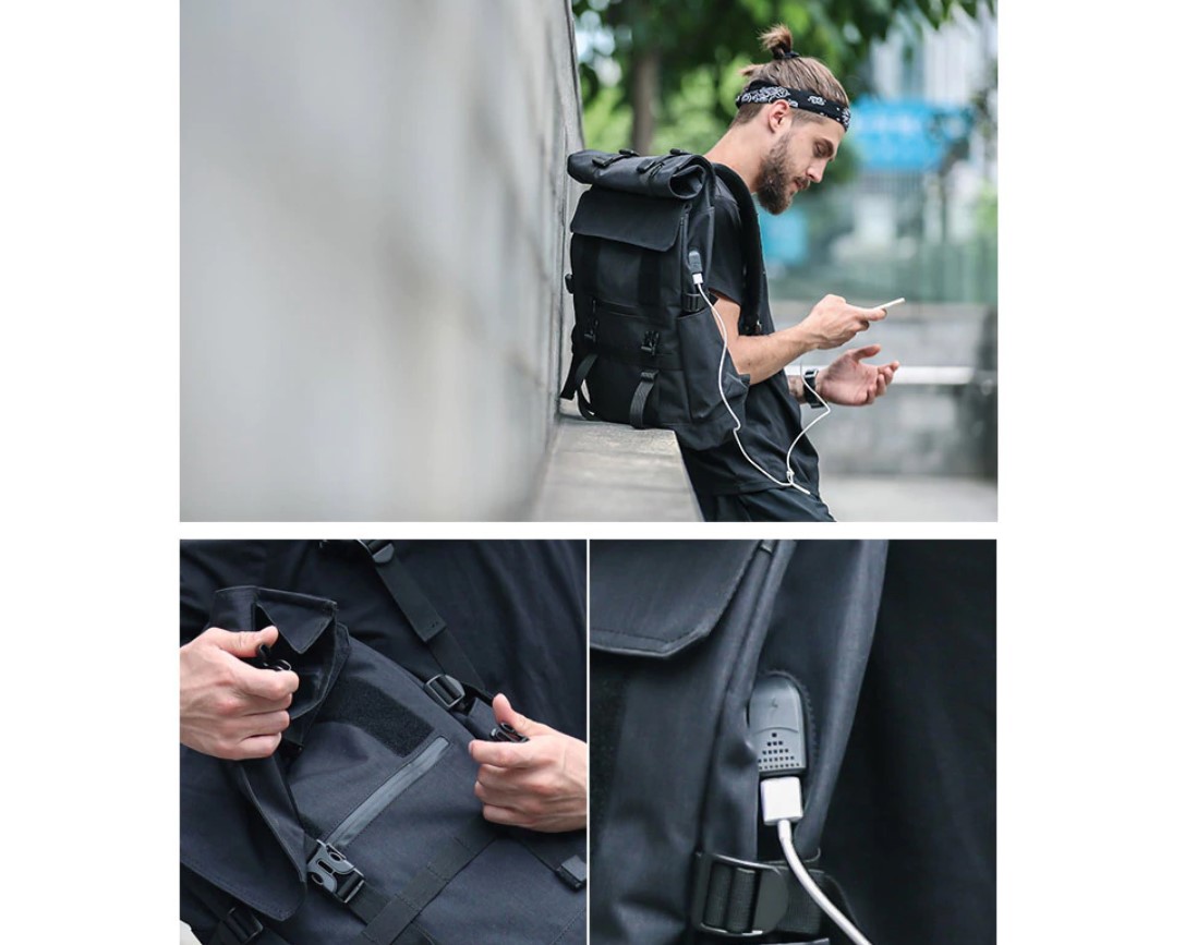 Men's Reflective Detail Roll Top USB Backpack