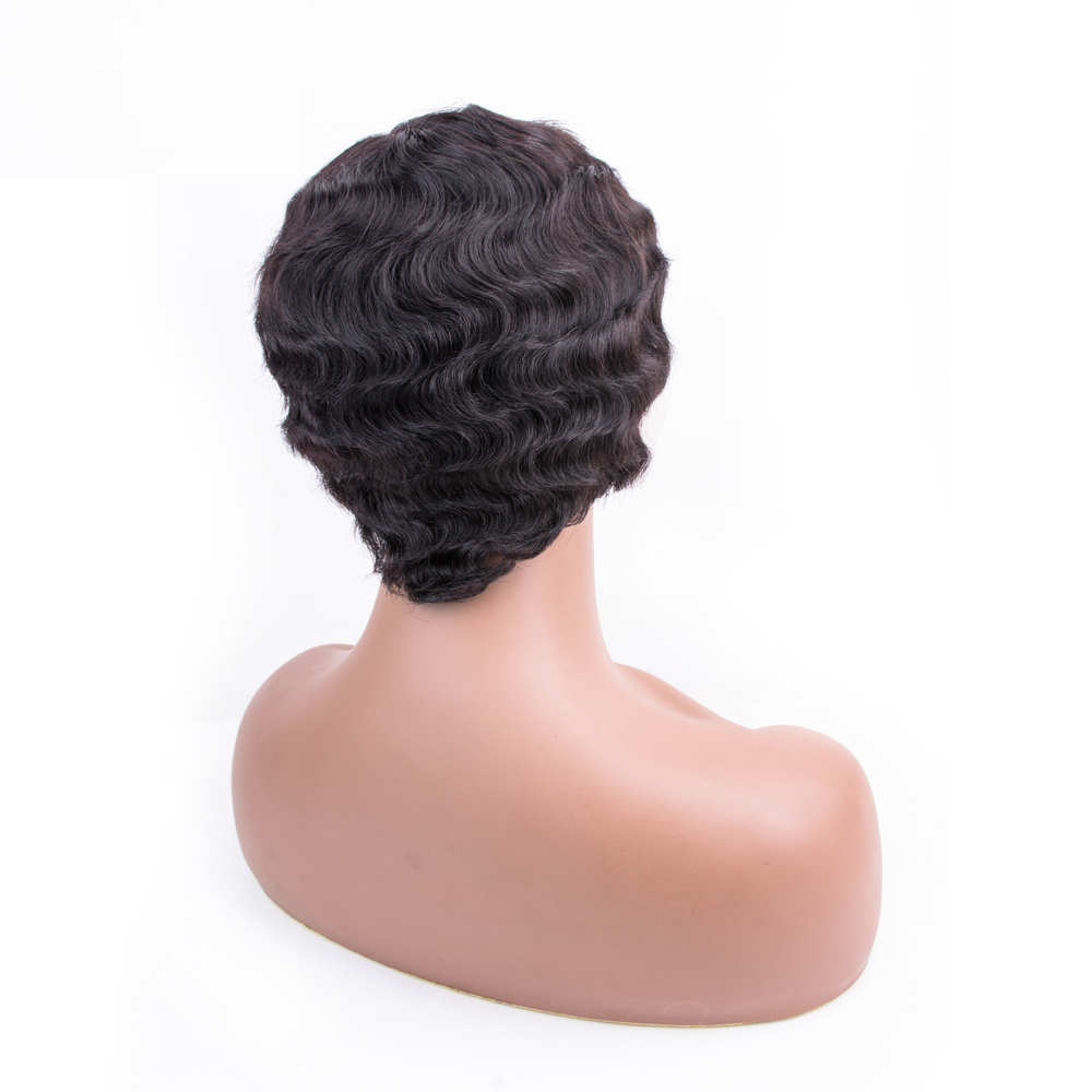 Black Short Wavy Lace Remy Human Hair Wig