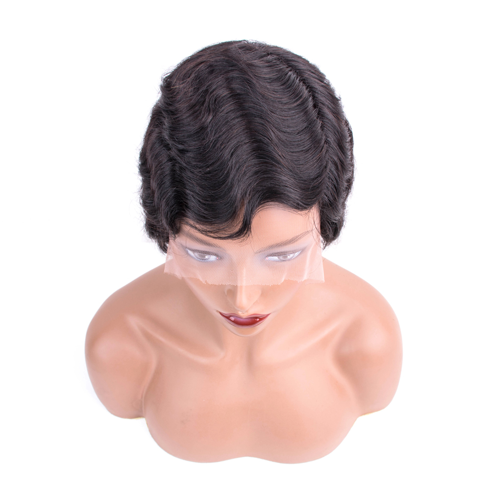 Black Short Wavy Lace Remy Human Hair Wig