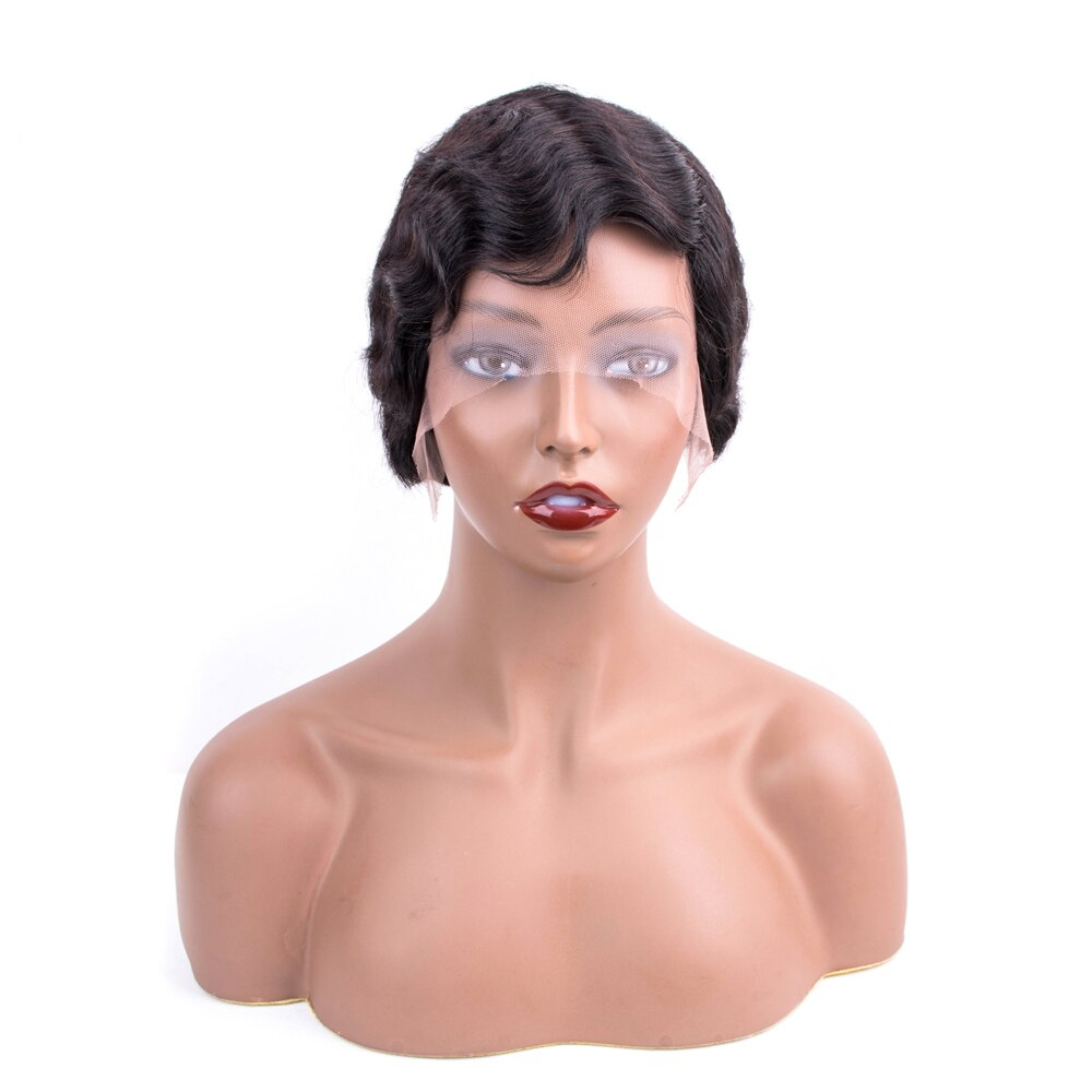 Black Short Wavy Lace Remy Human Hair Wig