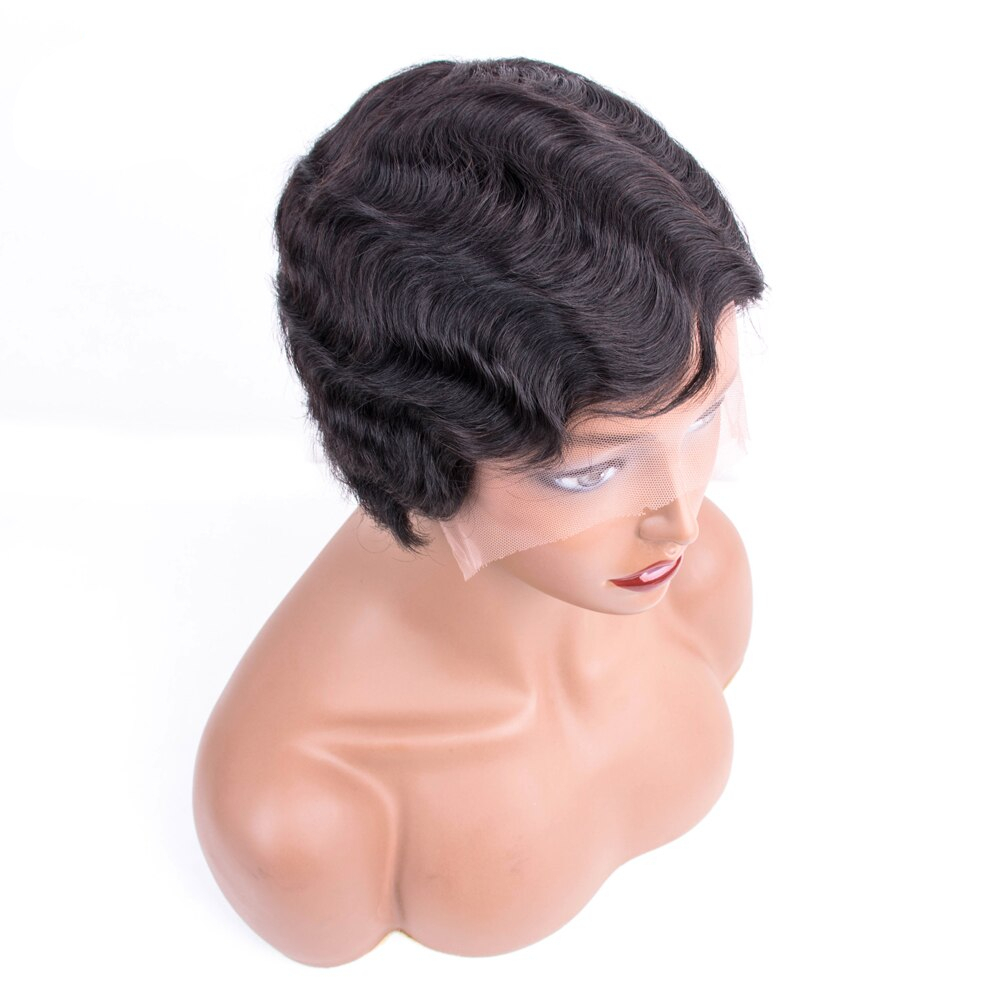 Black Short Wavy Lace Remy Human Hair Wig