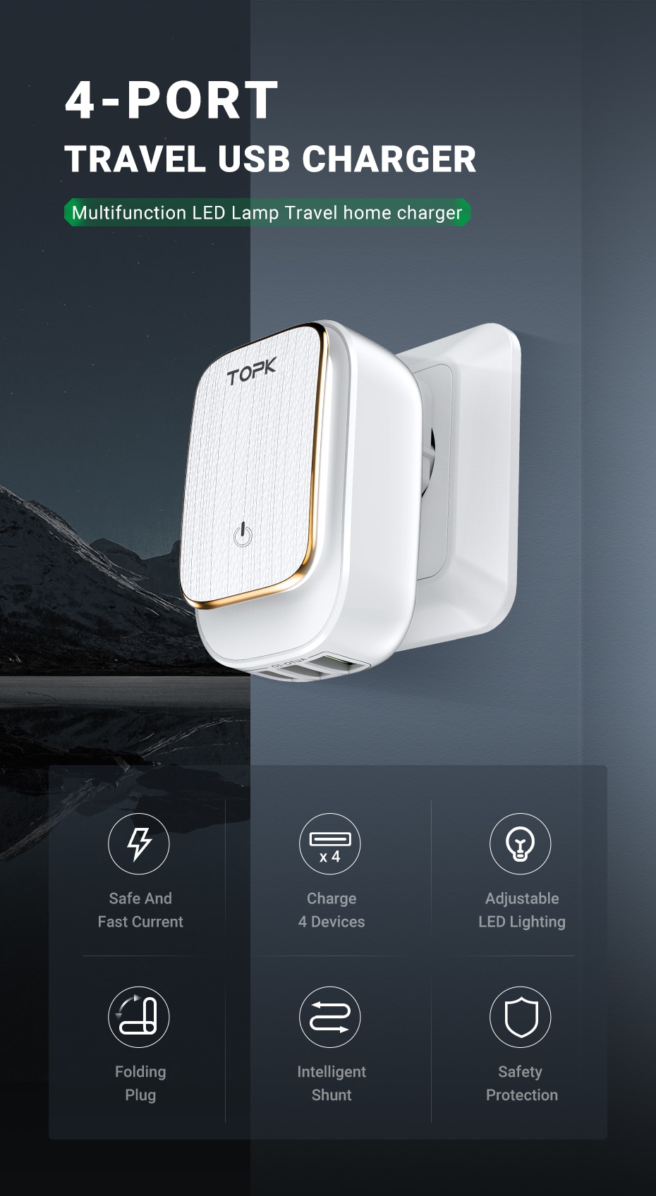 Universal Four-USB Charger with LED Light Universal Four-USB Charger with LED Light